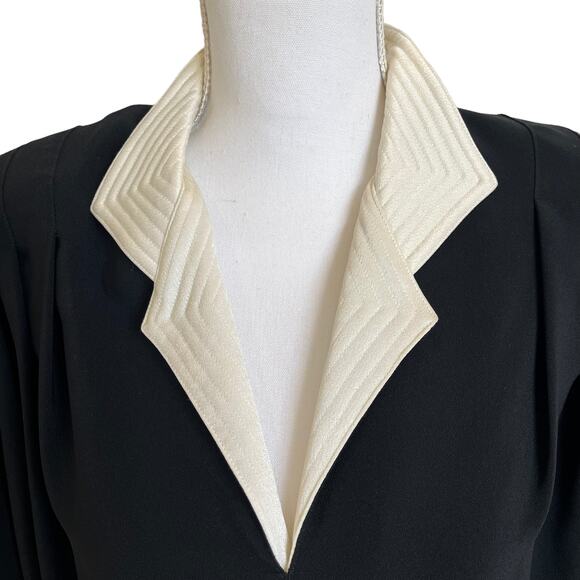 Vintage 80s Saks Fifth Avenue Batwing Dress Crepe 10 Black Ivory Shoulder Pads - Picture 2 of 15